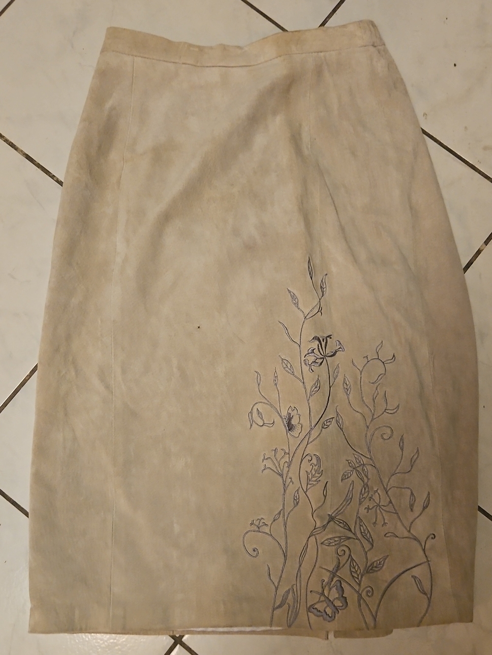 Nordstrom Beige Suede Pencil Skirt with Embroidered Floral Detail